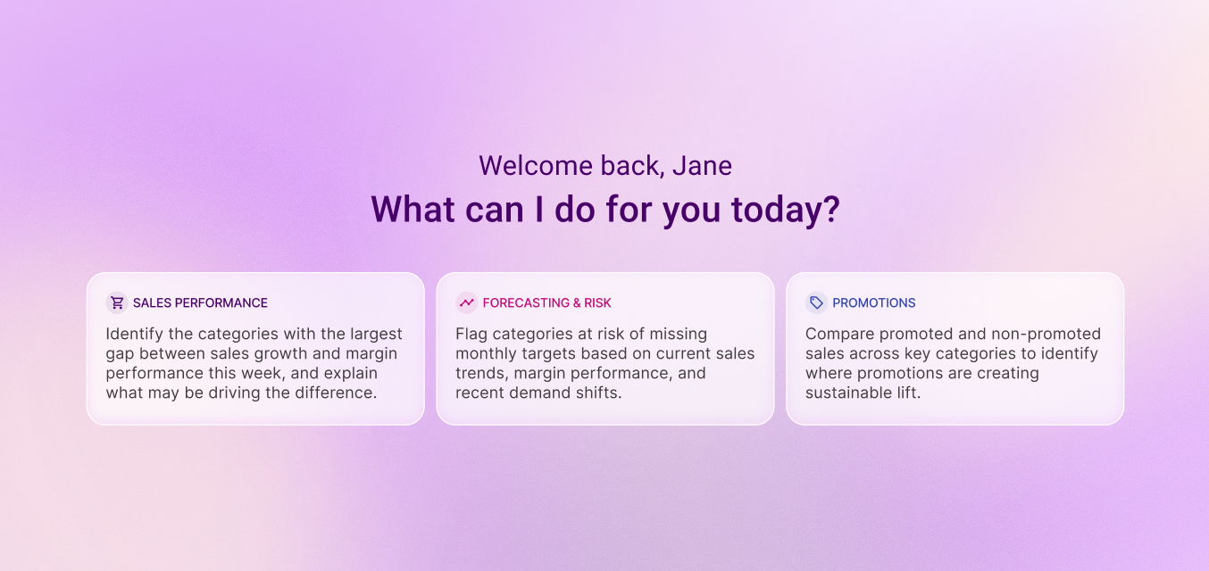 Image showing the main dashboard component that includes greeting and the suggested prompts